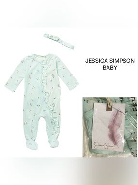 JESSICA SIMPSON BABY - 3/6M - NWT - 2PC AQUA FLORAL SLEEPER AND HEADBAND